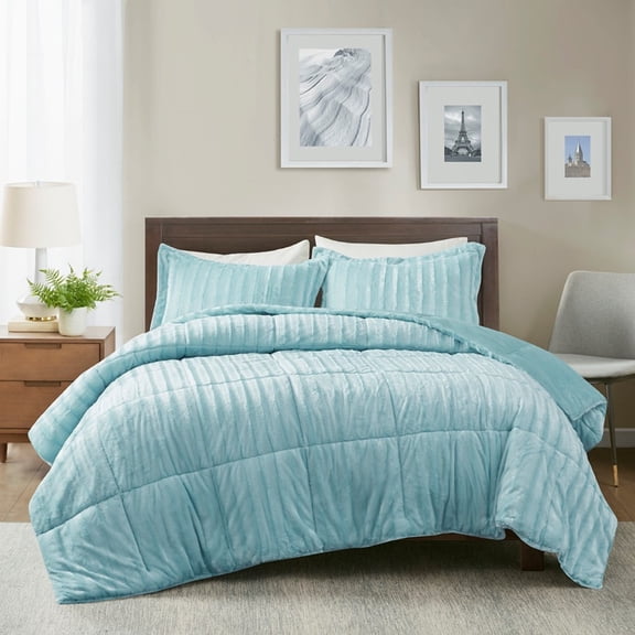 GDF Studio 3-Piece Faux Fur Comforter Set, Soft Bedding with Shams, Full/Queen Size, Teal Blue
