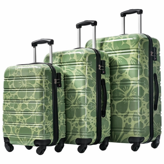 GDF Studio 3-Piece Hardshell Luggage Set, PC Lightweight Spinner Suitcase with TSA Lock, Summer Floral Pattern, Green