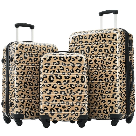 GDF Studio 3-Piece Leopard Print Hardshell Luggage Set, High Tenacity PC Suitcases with TSA Lock, 20/24/28", Brown
