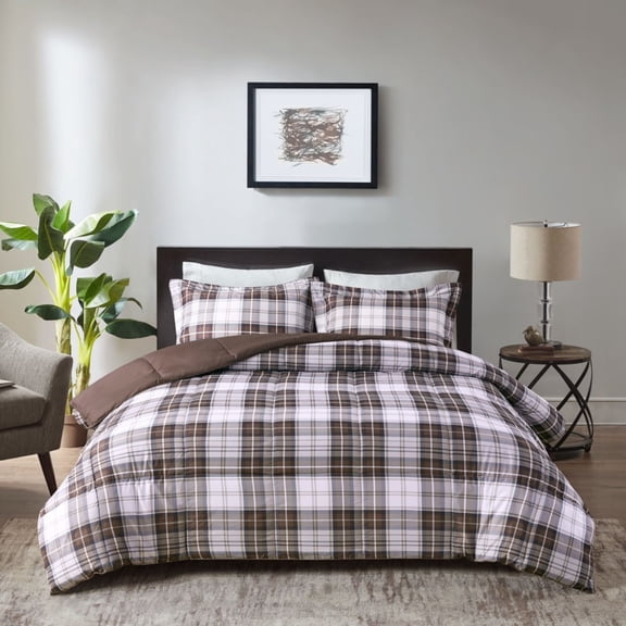 GDF Studio 3-Piece Plaid Down Alternative All Season Comforter Set, King/California King Size, Brown