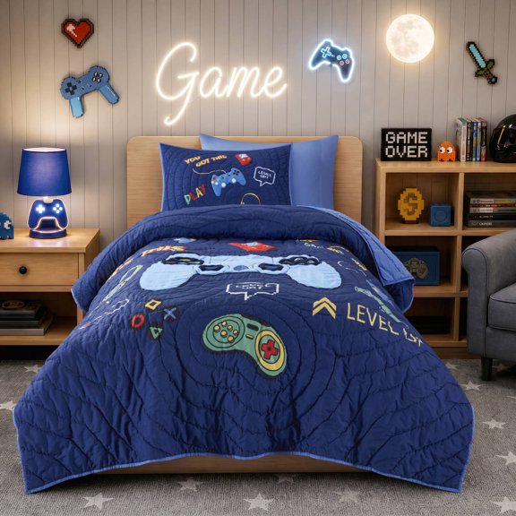 GDF Studio 3-Piece Twin/Twin XL Gaming Hand-Quilted Quilt Set, Kid-Friendly & Machine Washable, Navy