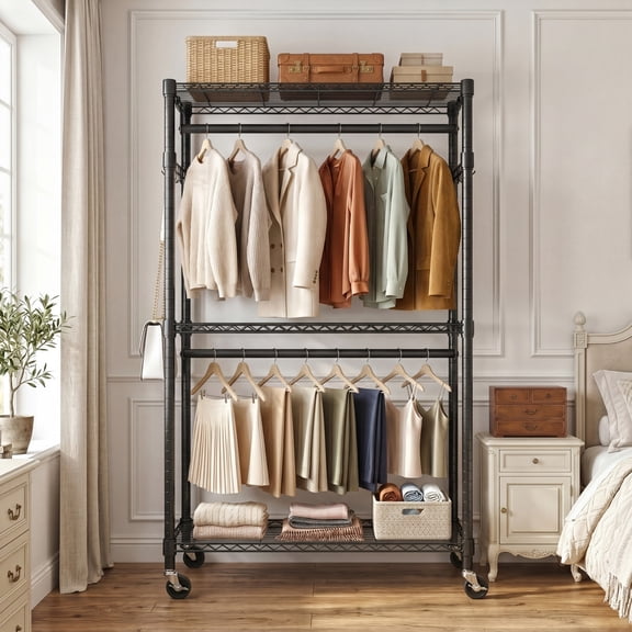 GDF Studio 3-Tier Rolling Clothes Rack with 2 Hanging Rods and Adjustable Shelves, Black
