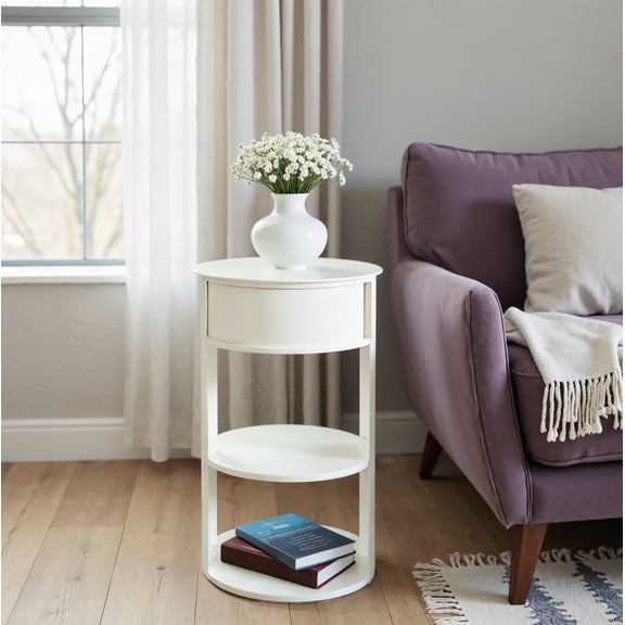 GDF Studio 3-Tier Round Metal Side Table, Iron Frame with Sliding Door Cabinet and Open Shelves, Matte White