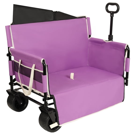 GDF Studio 3-in-1 Convertible Folding Wagon Cart, Heavy-Duty Utility Wagon with Bench Seat, Self-Locking Handle, Purple
