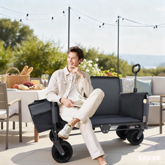 GDF Studio 3-in-1 Convertible Folding Wagon, Heavy-Duty Utility Cart with Bench Seat, Self-Locking Handle, Gray