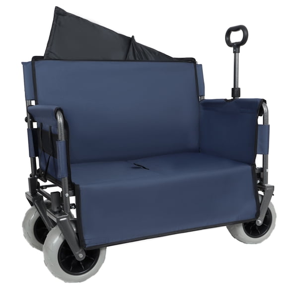 GDF Studio 3-in-1 Folding Beach Wagon with Bench Seat, Heavy-Duty Capacity and Balloon Tires, Lightweight, Dark Blue