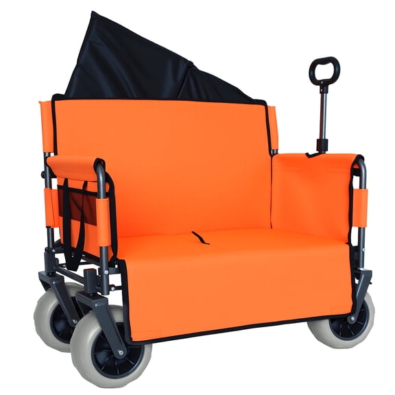 GDF Studio 3-in-1 Folding Beach Wagon with Bench Seat, Heavy-Duty Capacity and Balloon Tires, Lightweight, Orange