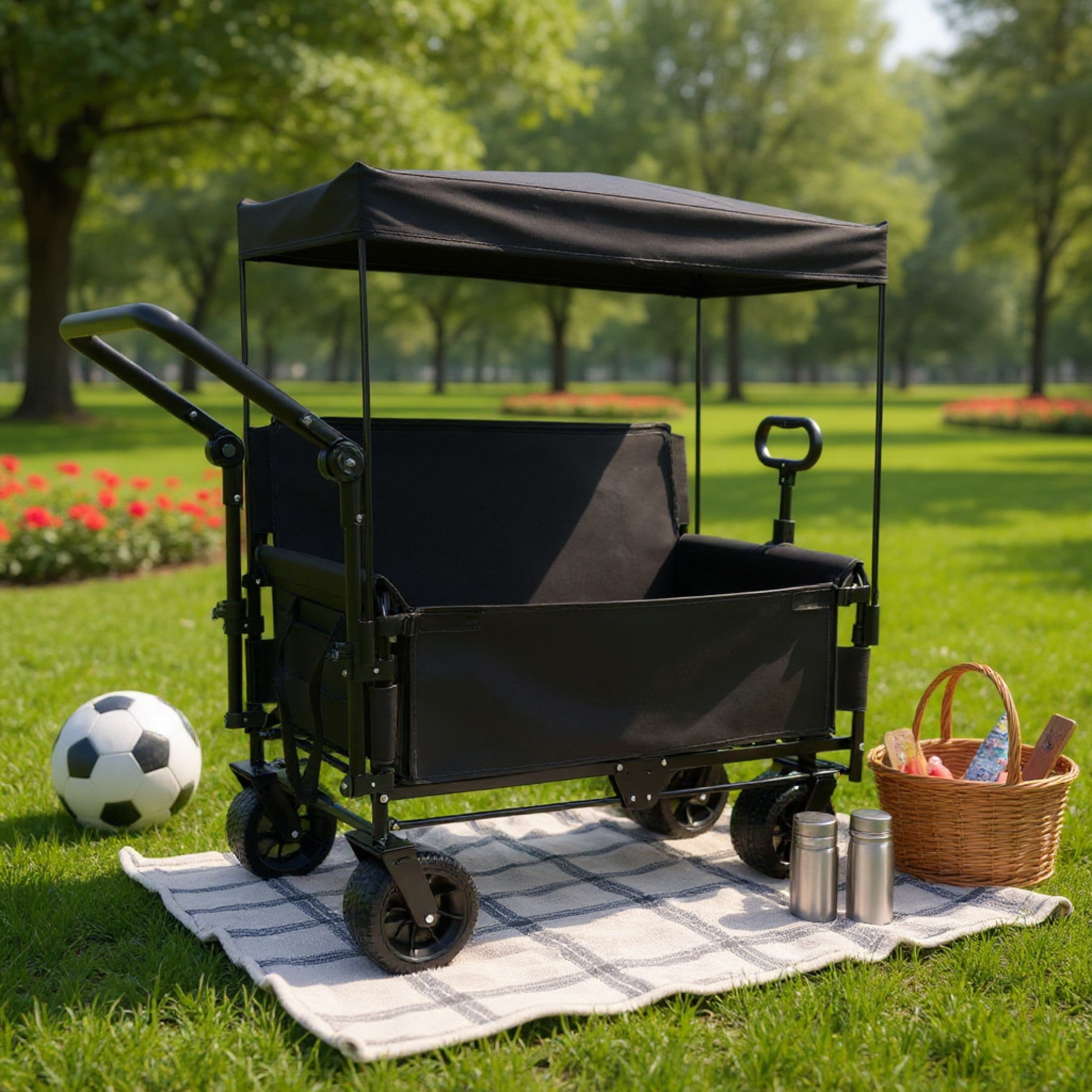 GDF Studio 3-in-1 Folding Wagon Cart with Bench Seat, Detachable Canopy, and Storage, Heavy-Duty Utility Wagon, Black