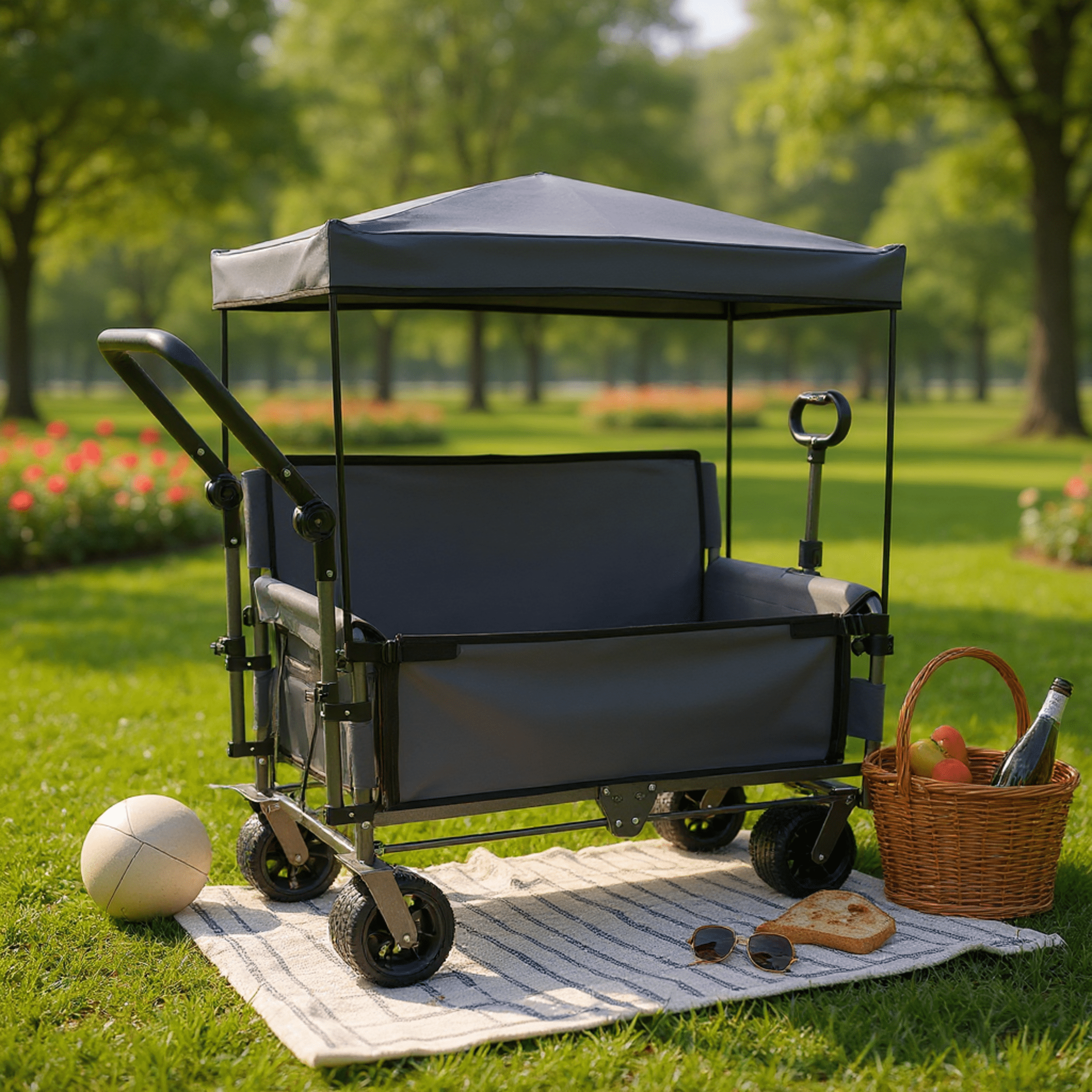 GDF Studio 3-in-1 Folding Wagon Cart with Bench Seat, Detachable Canopy, and Storage, Heavy-Duty Utility Wagon, Gray