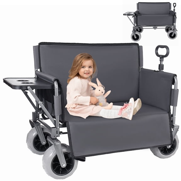 GDF Studio 3-in-1 Folding Wagon with Bench Seat, Heavy-Duty Capacity with Balloon Tires, Lightweight, Gray
