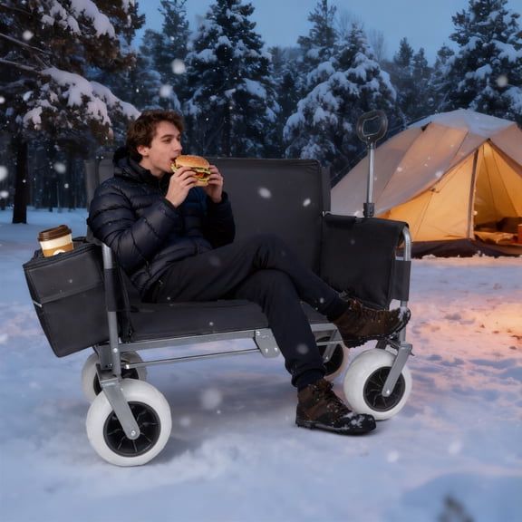 GDF Studio 3-in-1 Folding Wagon with Bench Seat, Steel Frame, Heavy-Duty and All-Terrain Beach Tires, Black