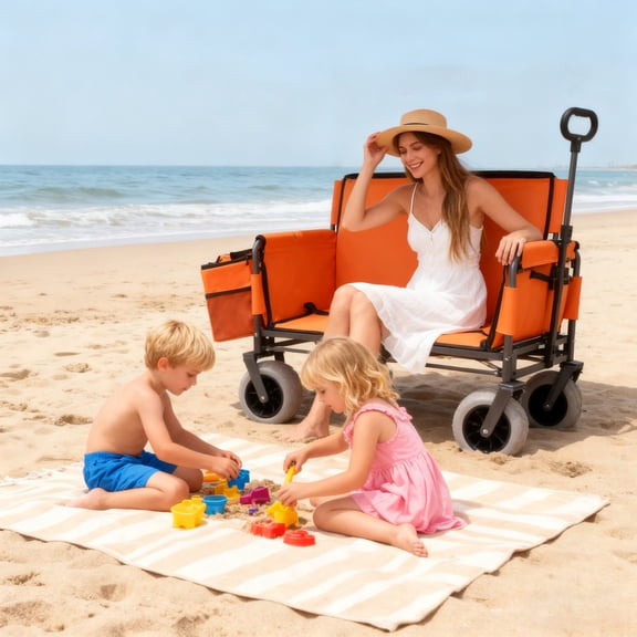 GDF Studio 3-in-1 Folding Wagon with Bench Seat, Steel Frame, Heavy-Duty and All-Terrain Beach Tires, Orange