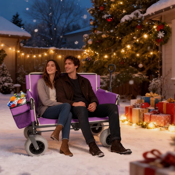 GDF Studio 3-in-1 Folding Wagon with Bench Seat, Steel Frame, Heavy-Duty and All-Terrain Beach Tires, Purple