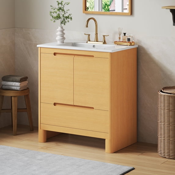 GDF Studio 30" Modern Bathroom Vanity with Sink, Soft-Close Doors & Drawer, Solid Wood Frame, Oak