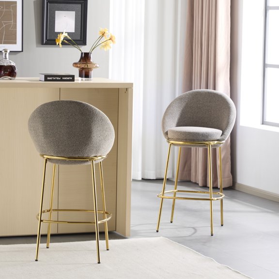 GDF Studio 30" Modern Upholstered Bar Stools, Gold Metal Frame, Mix Beige Cushion, Round Solid Back, Set of 2