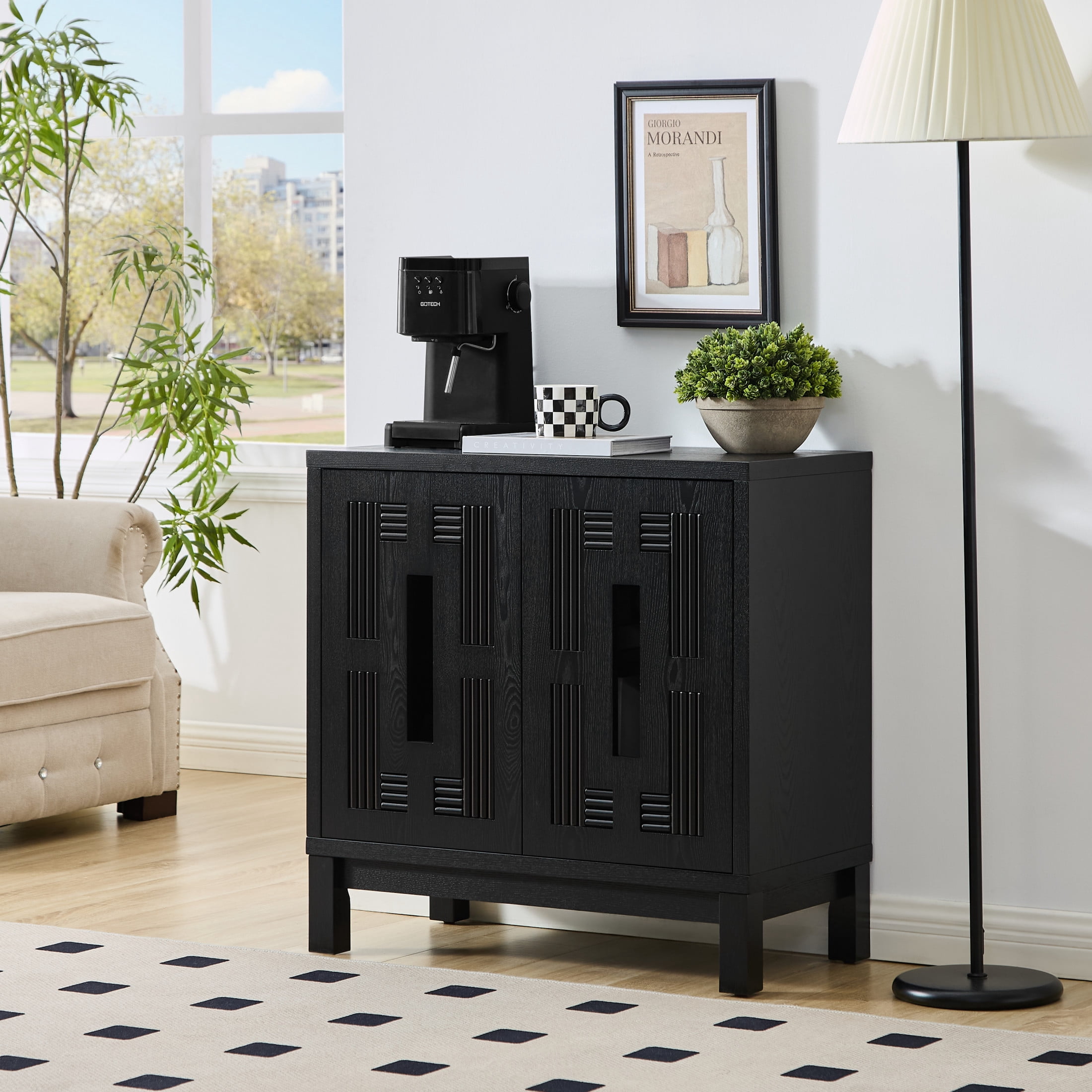 GDF Studio 31.5" Mid Century Modern Sideboard Cabinet with 2 Doors, Adjustable Shelf, Carved Openwork, Black