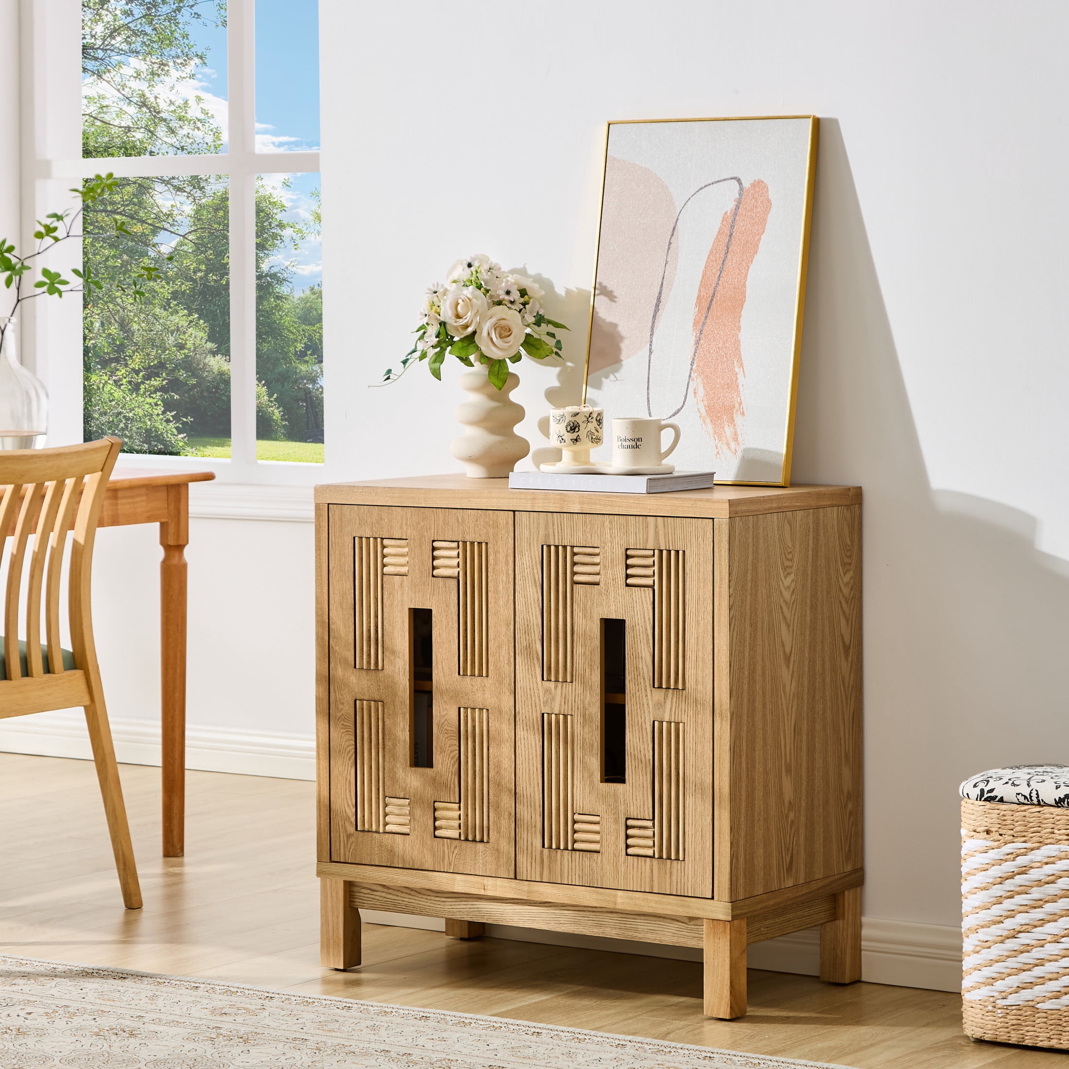 GDF Studio 31.5" Mid Century Modern Sideboard Cabinet with 2 Doors, Adjustable Shelf, Carved Openwork, Natural