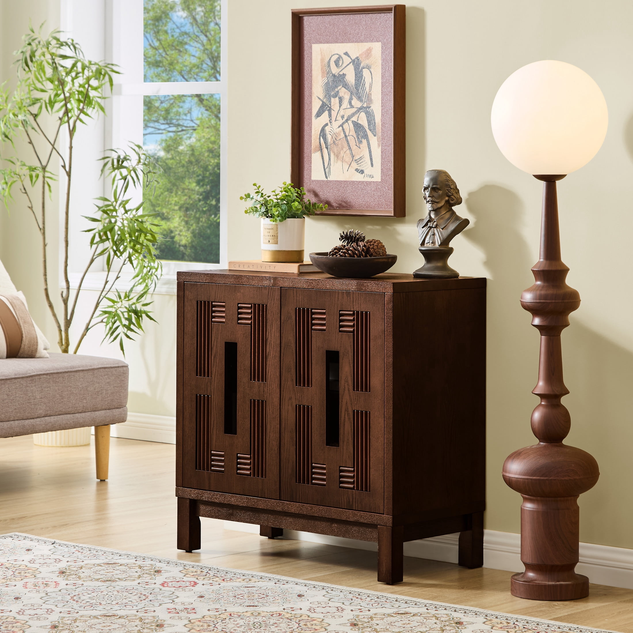 GDF Studio 31.5" Mid Century Modern Sideboard Cabinet with 2 Doors, Adjustable Shelf, Carved Openwork, Walnut