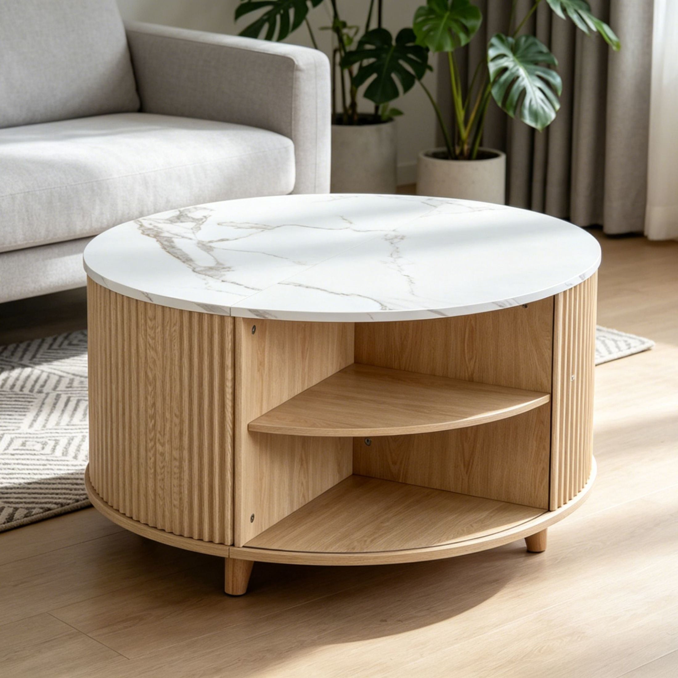 GDF Studio 31.5" Modern Round Fluted Coffee Table with Hidden Storage, White Marble+Light Oak