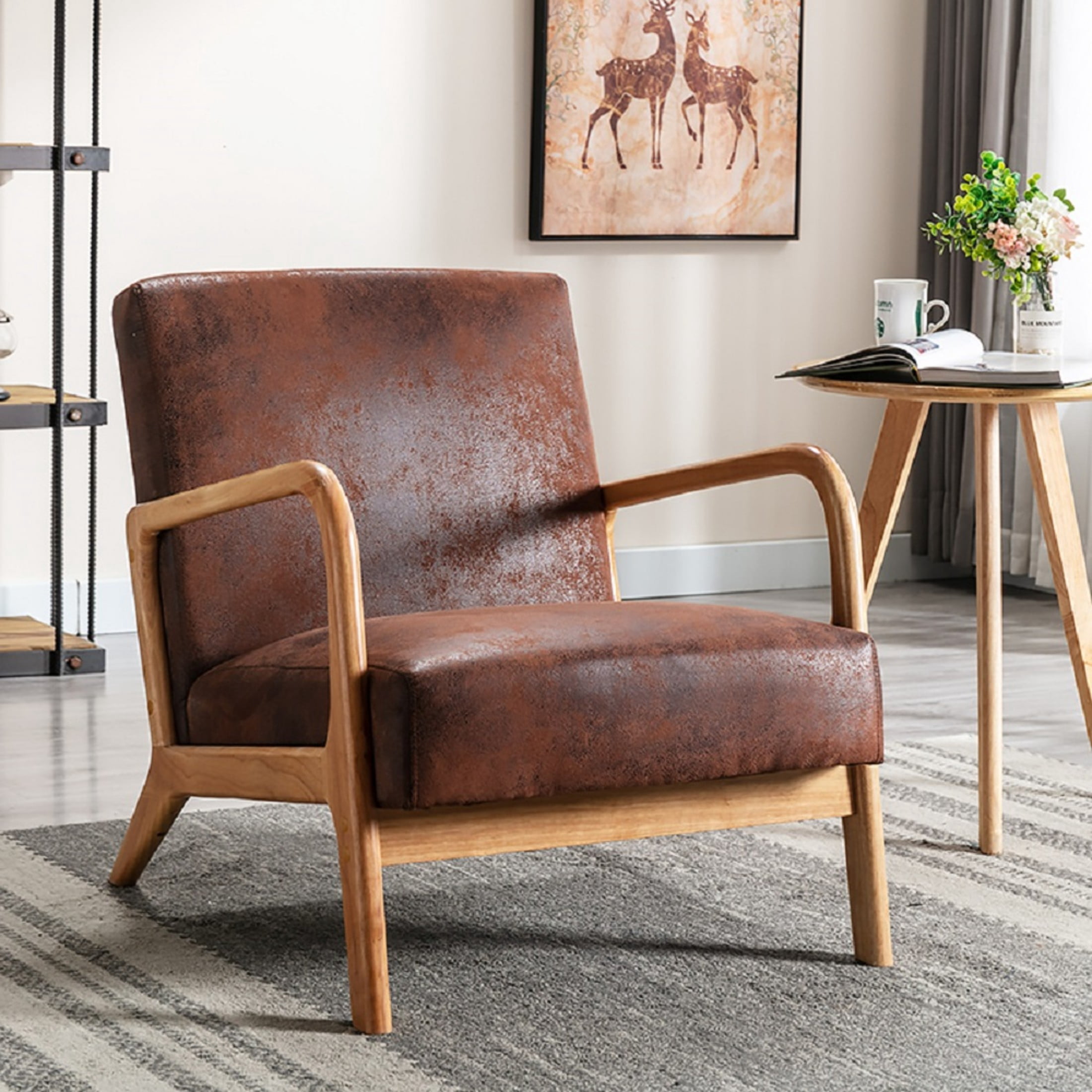 GDF Studio 32.7" Mid-Century Modern Accent Chair with Open Wood Frame, Microfiber Upholstery, Brown
