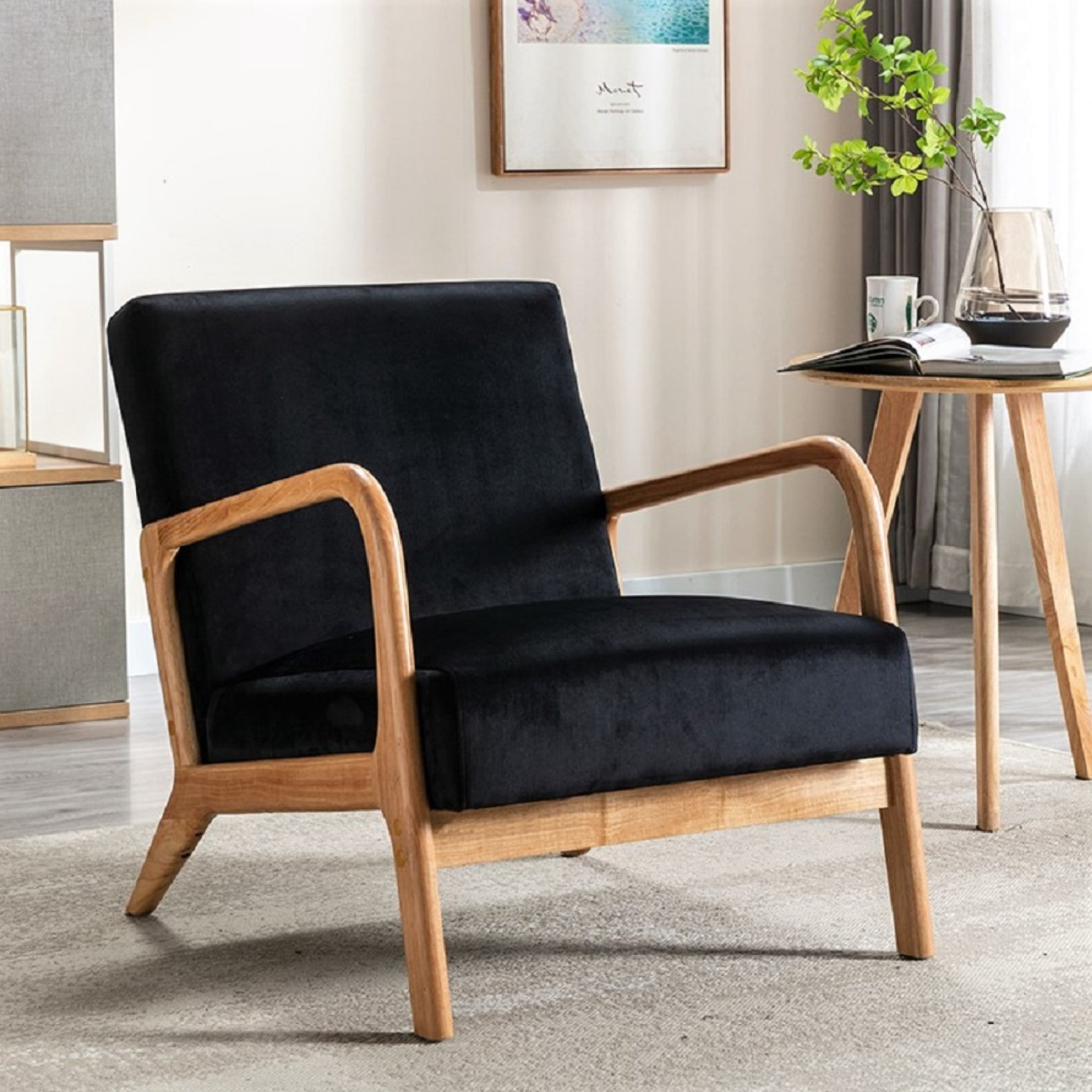 GDF Studio 32.7" Mid-Century Modern Accent Chair with Open Wood Frame, Plush Velvet Upholstery, Black