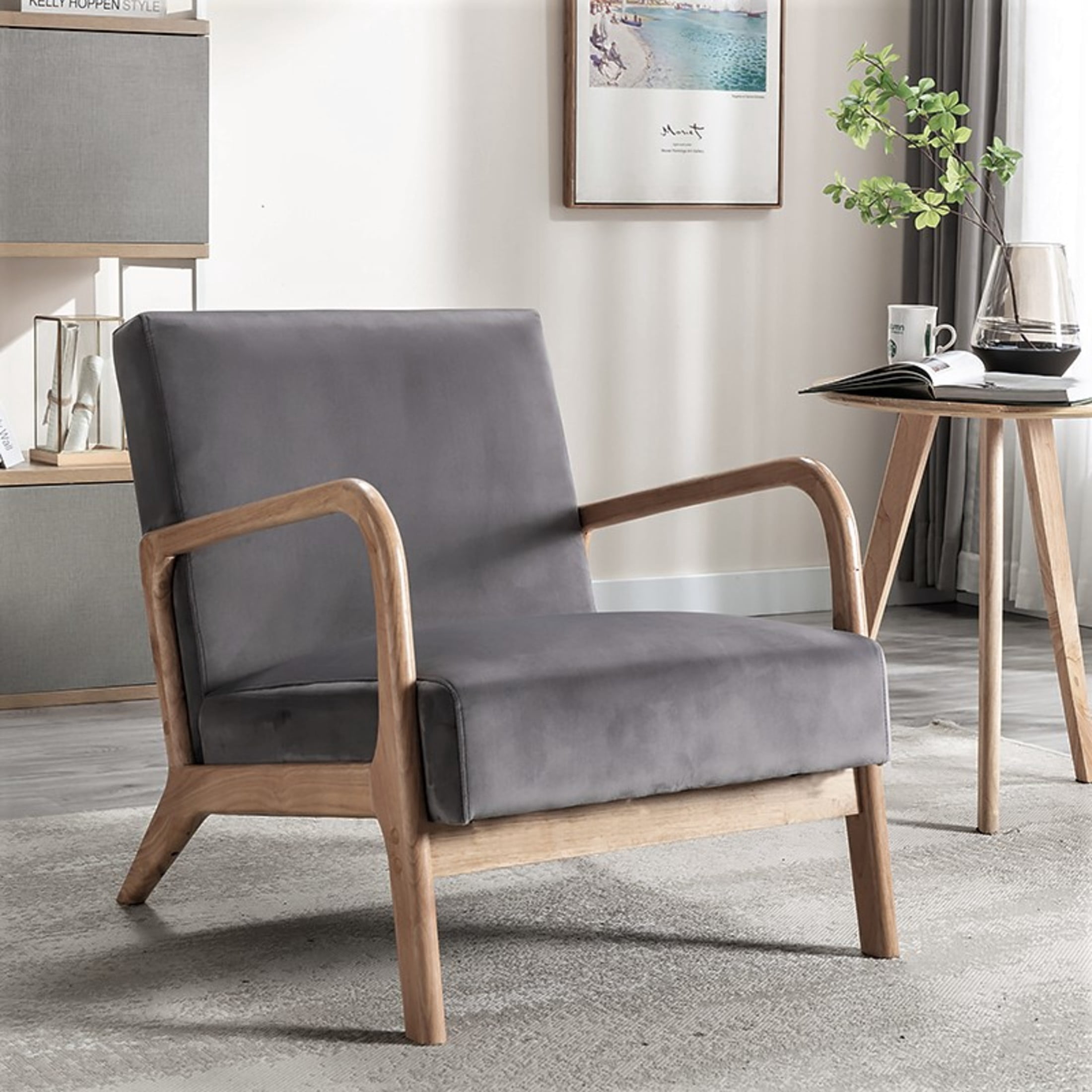 GDF Studio 32.7" Mid-Century Modern Accent Chair with Open Wood Frame, Plush Velvet Upholstery, Gray