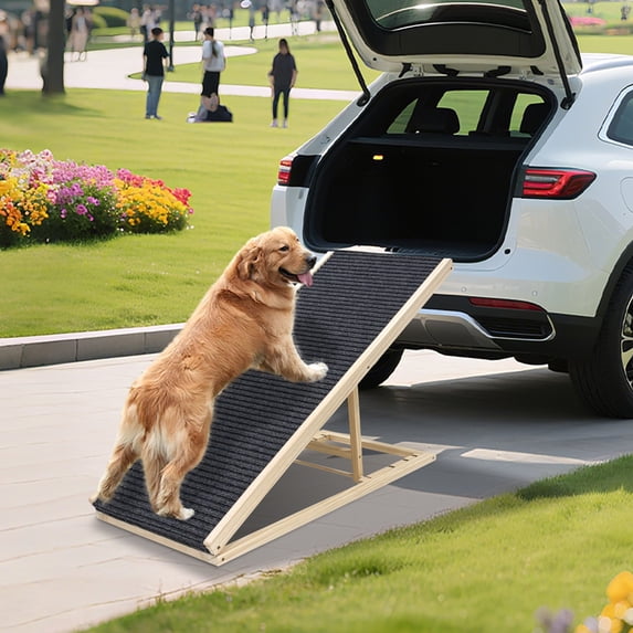 GDF Studio 32" Adjustable Wood Dog Ramp for Bed, Non-Slip High-Traction Folding Pet Ramp, Natural