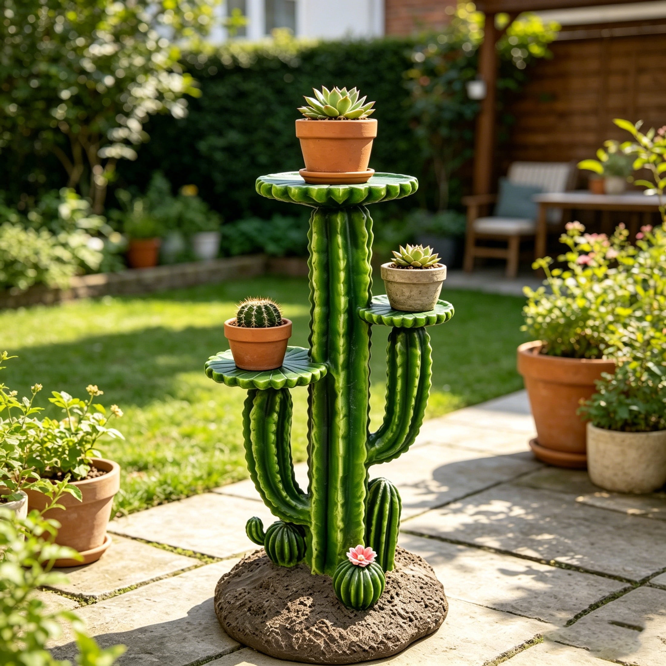 GDF Studio 32" Saguaro Cactus Plant Stand with 3 Display Shelves, Multi-Tier Weatherproof Resin Outdoor Garden Decor