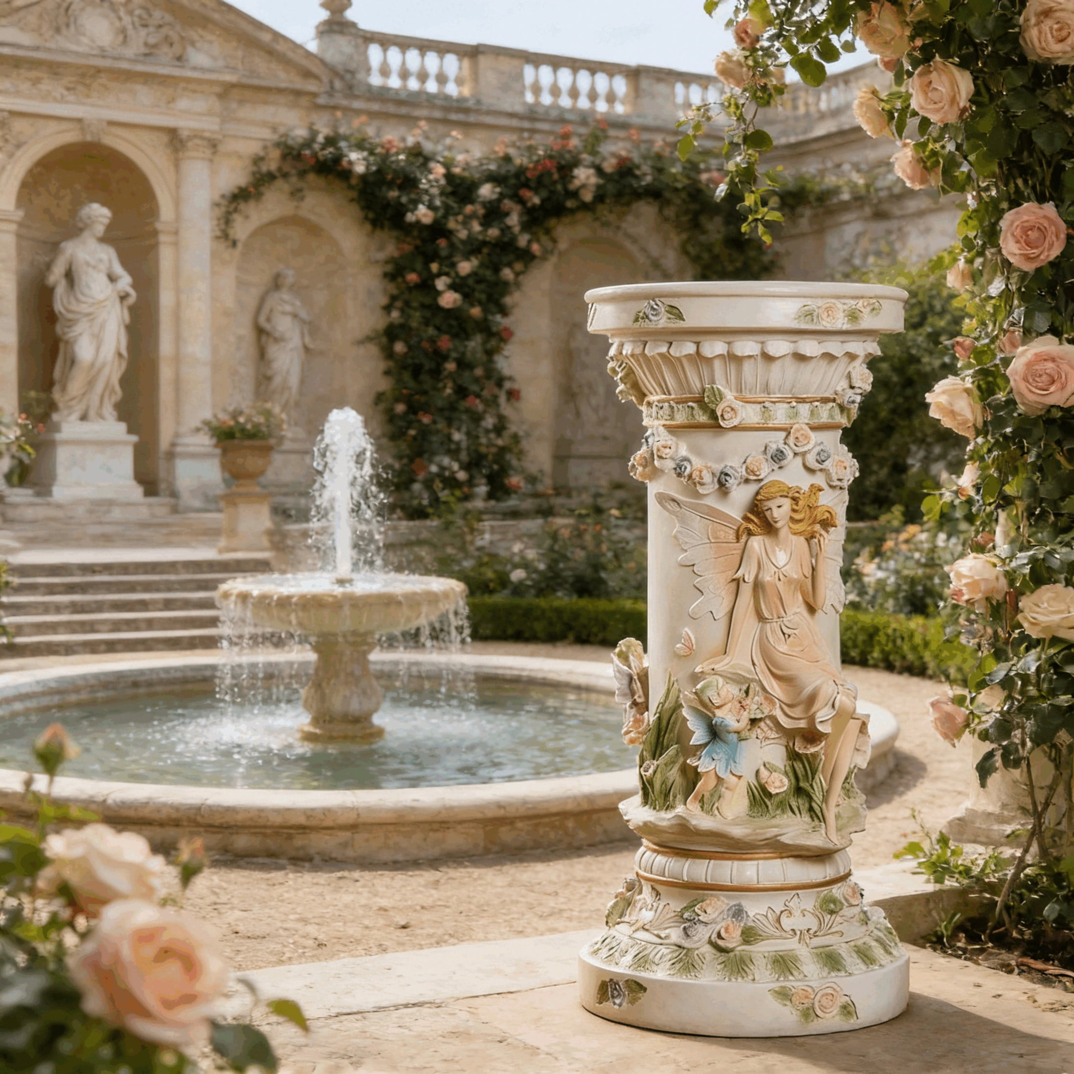 GDF Studio 32" Vintage Fairy & Floral Carved Roman Column Pedestal, Garden Display Stand for Statues & Ornaments