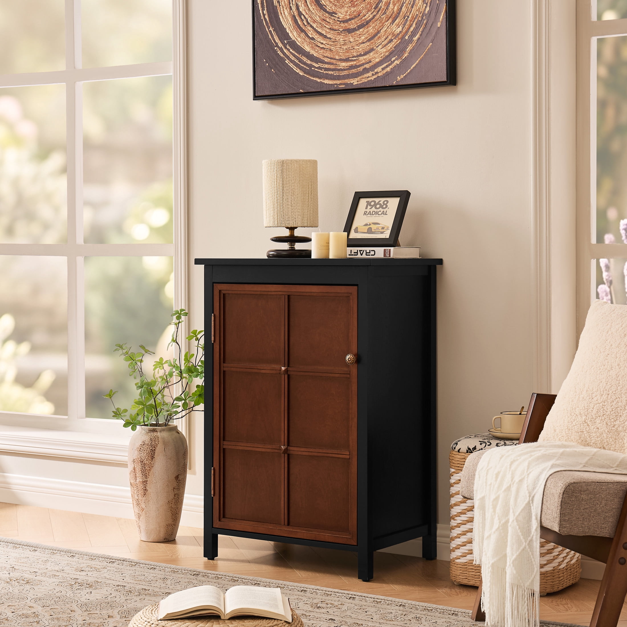 GDF Studio 34.2" Tall Mid-Century Modern Floor Cabinet with Door & Adjustable Shelf, Black+Walnut