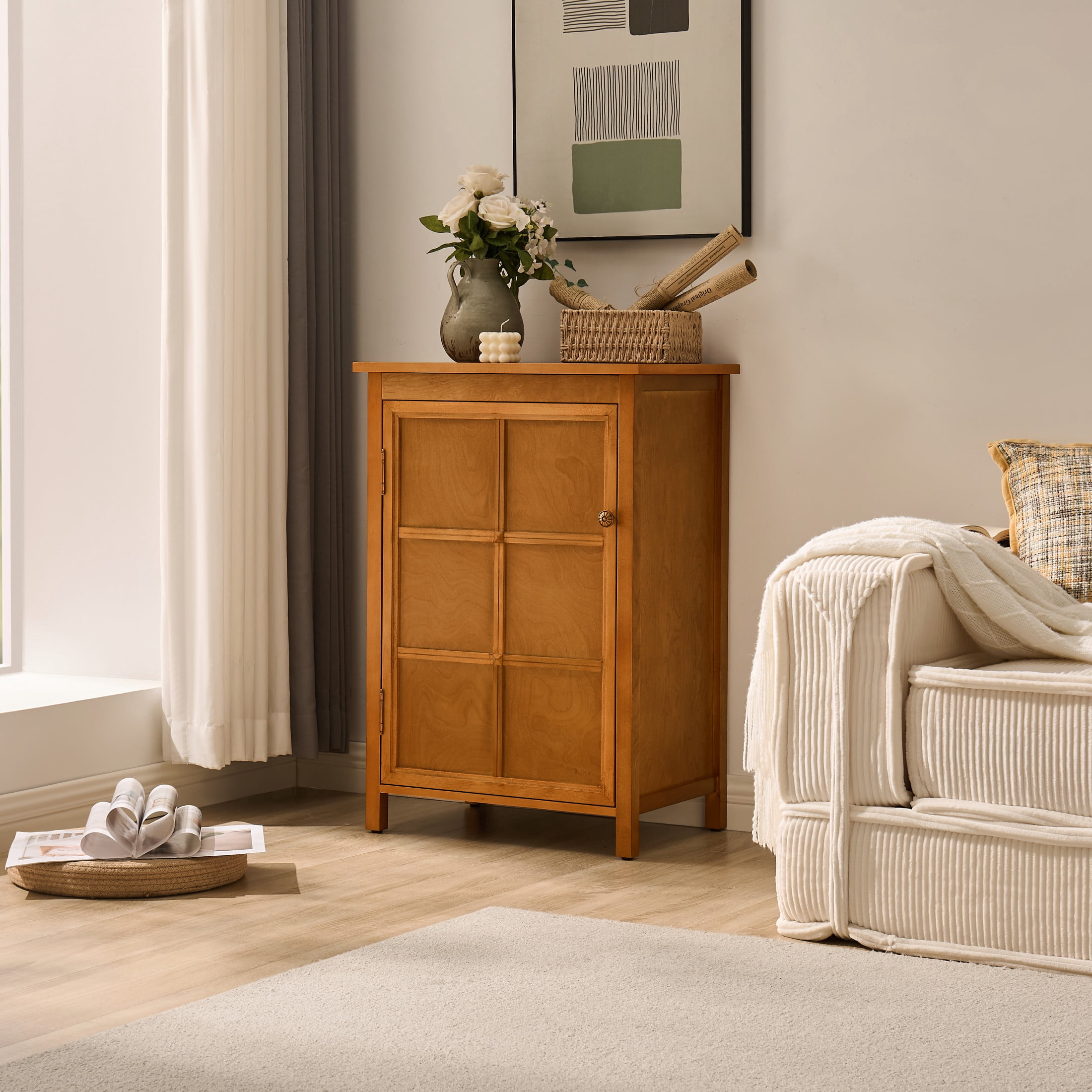 GDF Studio 34.2" Tall Mid-Century Modern Floor Cabinet with Door & Adjustable Shelf, Walnut