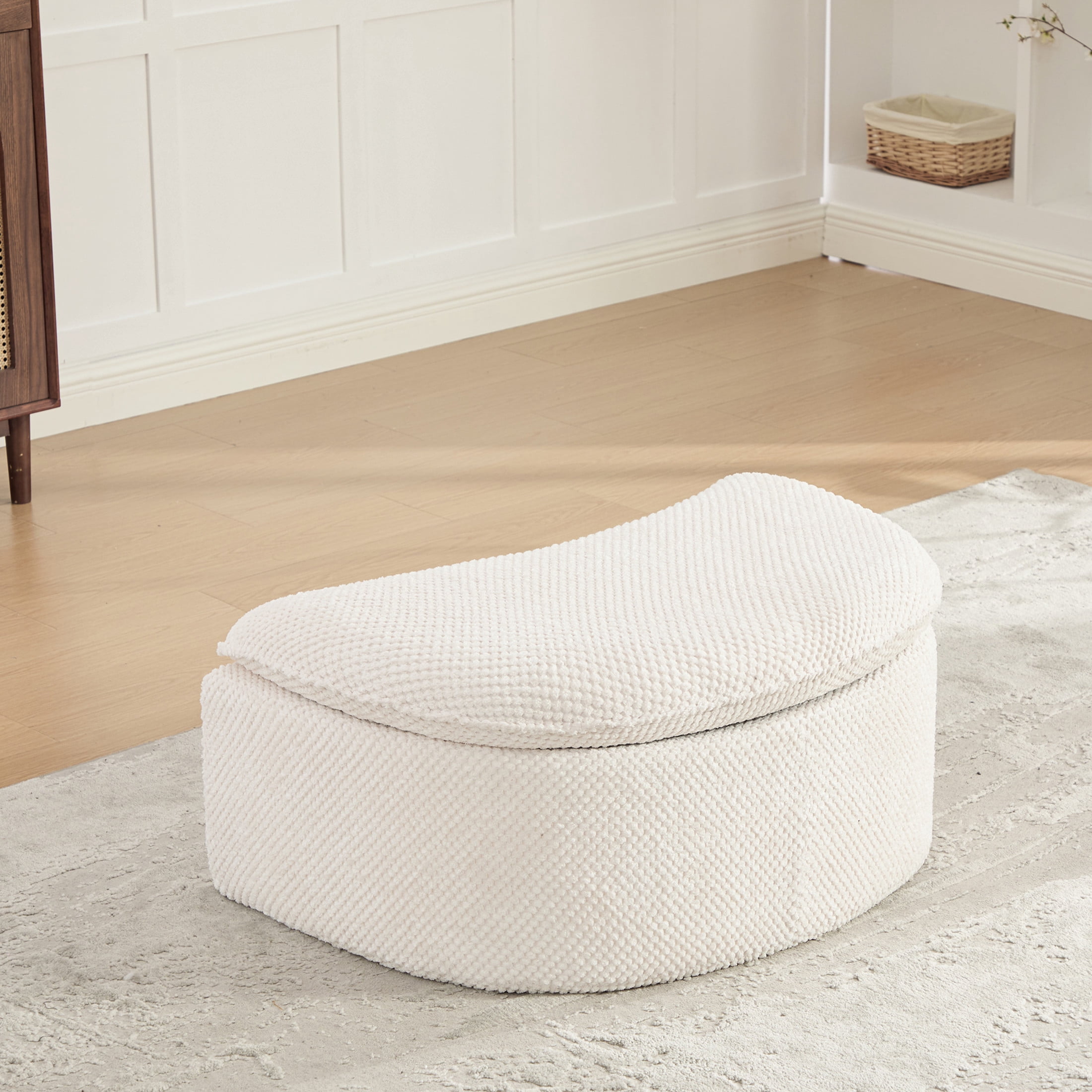 GDF Studio 34.45-Inch Moon-Shaped Footstool Ottoman with Pineapple Lattice Fabric, Beige