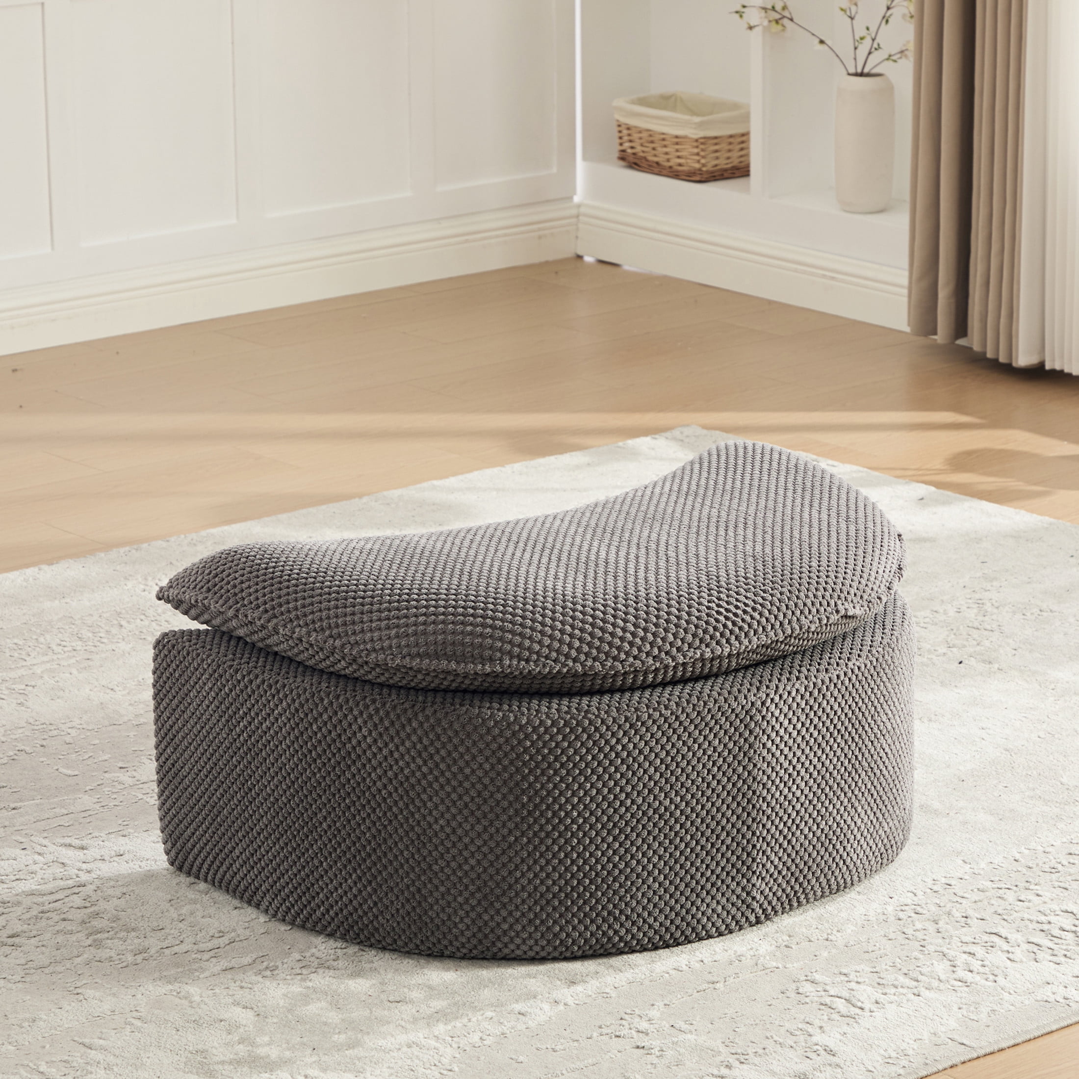 GDF Studio 34.45-Inch Moon-Shaped Footstool Ottoman with Pineapple Lattice Fabric, Gray
