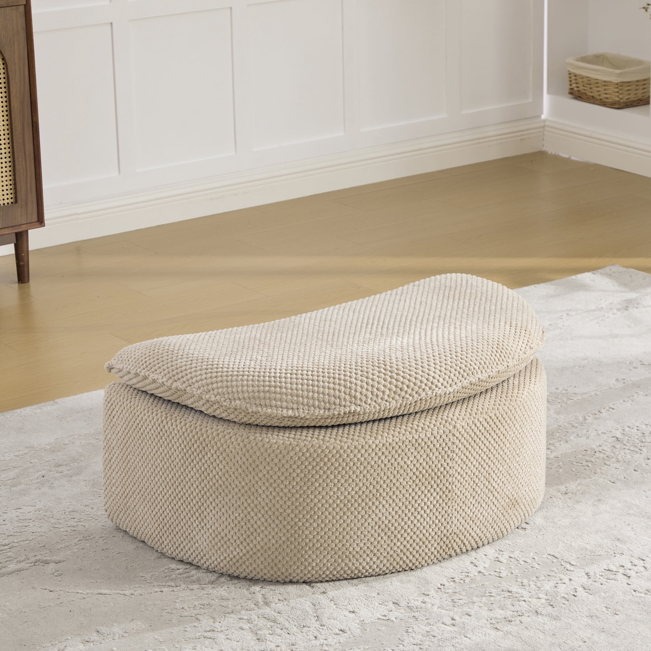 GDF Studio 34.45-Inch Moon-Shaped Footstool Ottoman with Pineapple Lattice Fabric, Taupe