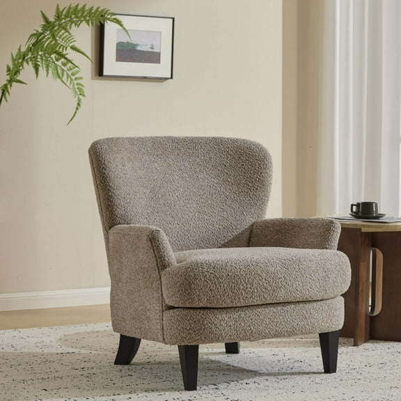 GDF Studio 34" Boucle Upholstered Club Chair, Solid Wood Tapered Legs with Flared Armrests, Light Brown