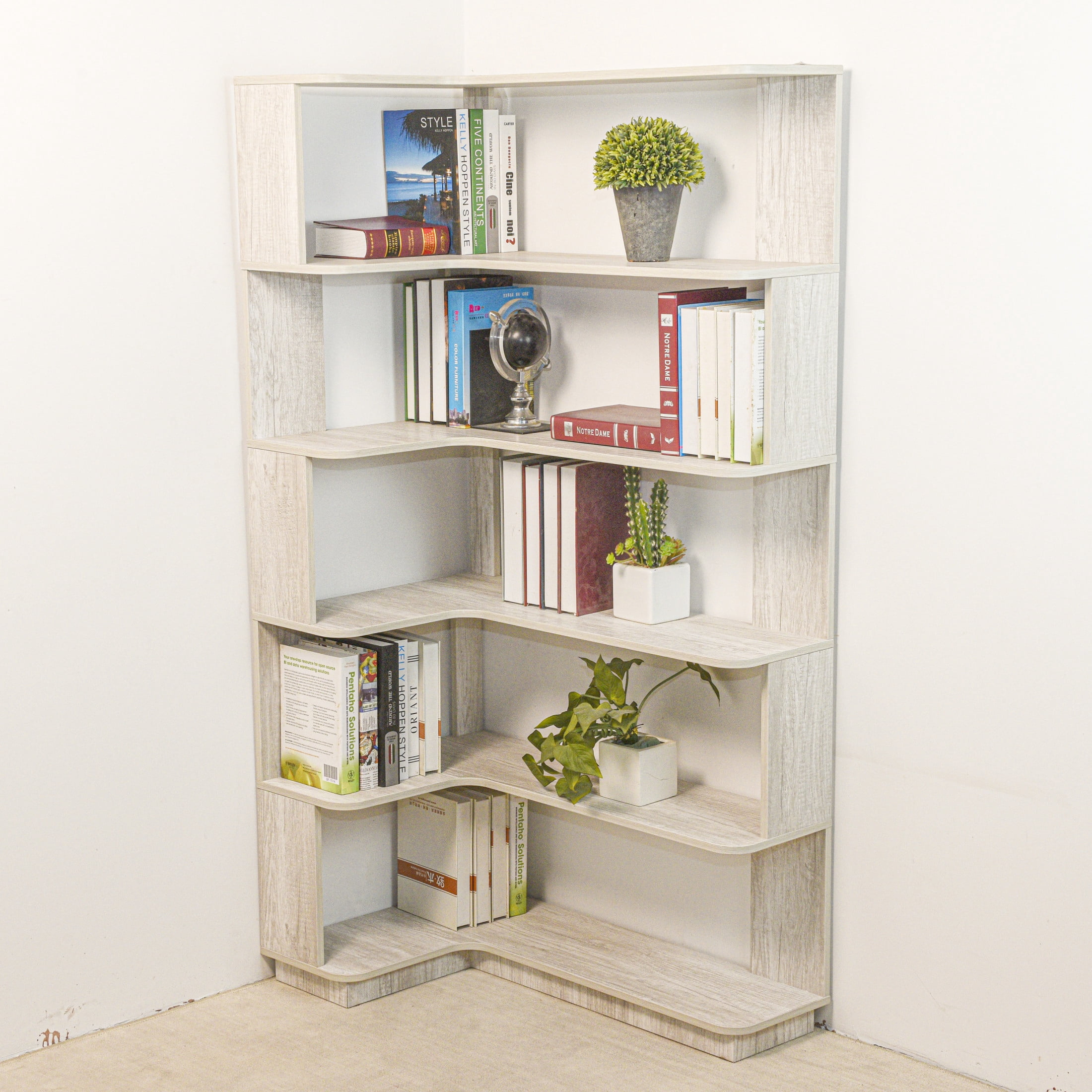 GDF Studio Derwin 5-Tier Corner Bookshelf, L-Shaped Wooden Bookcase for Living Room, Home Office, Light Gray