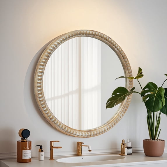 GDF Studio 35.43" Round Decorative Wall Mirror, Distressed Wood Beaded Frame, Farmhouse Accent Style, Natural