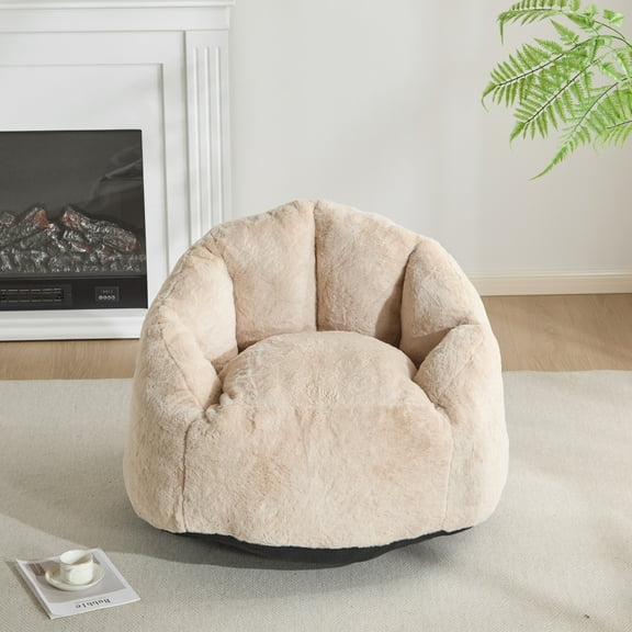 GDF Studio 35.5" Cozy Bean Bag Chair, Plush Faux-Fur Upholstery, Shredded Foam Fill, Beige