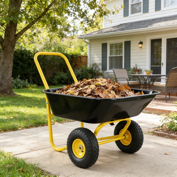 GDF Studio 35 Liter Two-Wheeled Garden Barrow, Leakproof Utility Cart with Pneumatic Wheels, Yellow and Black