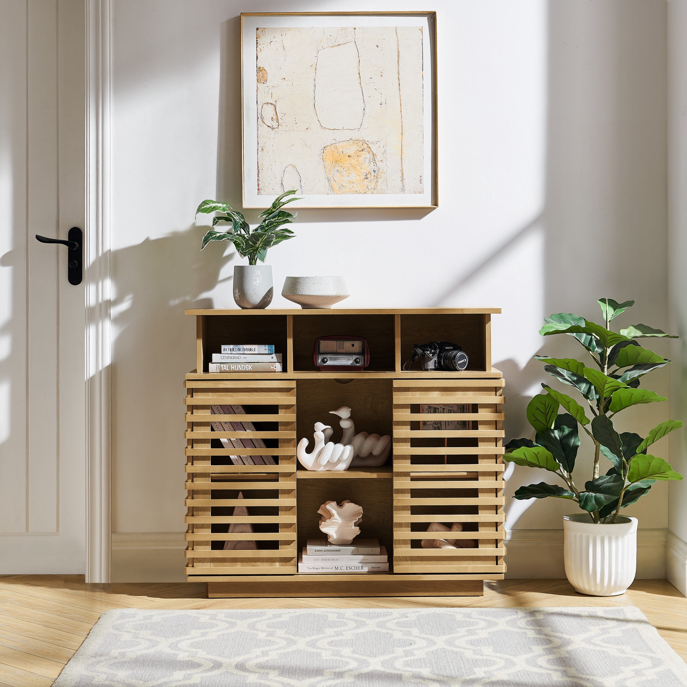 GDF Studio 36.1" Farmhouse Sideboard Buffet Cabinet with Sliding Doors, Adjustable Shelf, Natural
