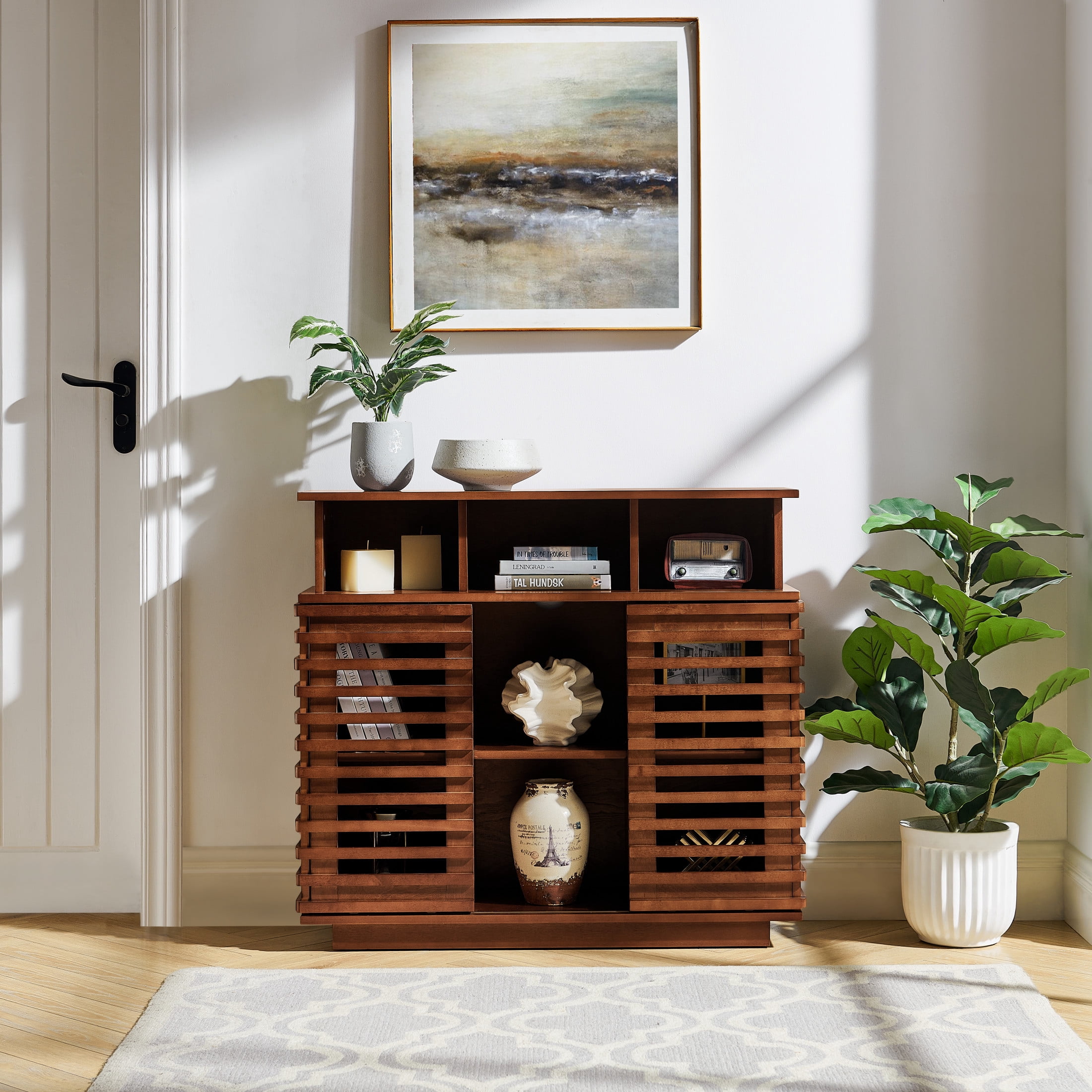 GDF Studio 36.1" Farmhouse Sideboard Buffet Cabinet with Sliding Doors, Adjustable Shelf, Walnut