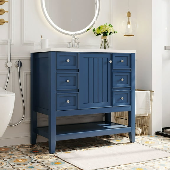 GDF Studio 36" Bathroom Vanity with Ceramic Sink, Freestanding Cabinet with Drawers and Adjustable Shelf, Blue