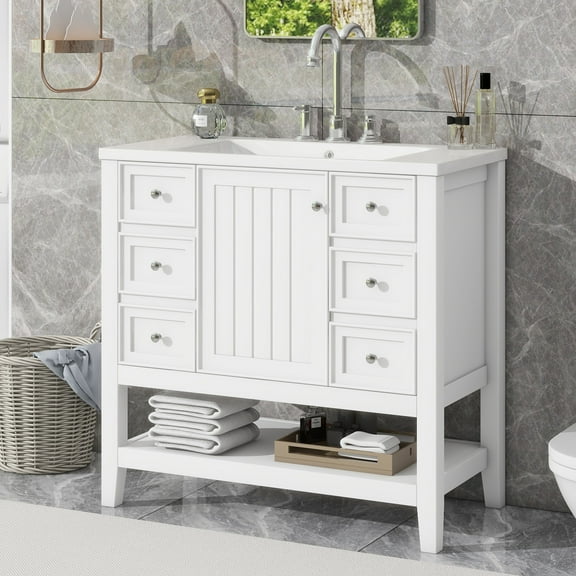 GDF Studio 36" Bathroom Vanity with Ceramic Sink, Freestanding Cabinet with Drawers and Adjustable Shelf, White