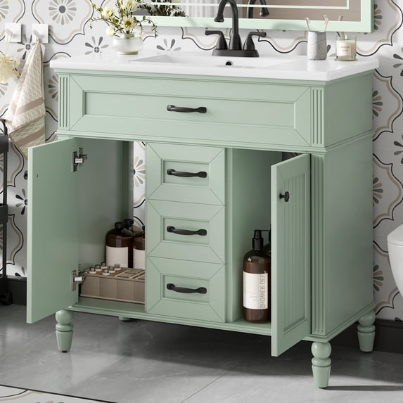 GDF Studio 36" Bathroom Vanity with Sink Combo, 2 Storage Drawers and Soft Close Doors, Wooden Frame, Green
