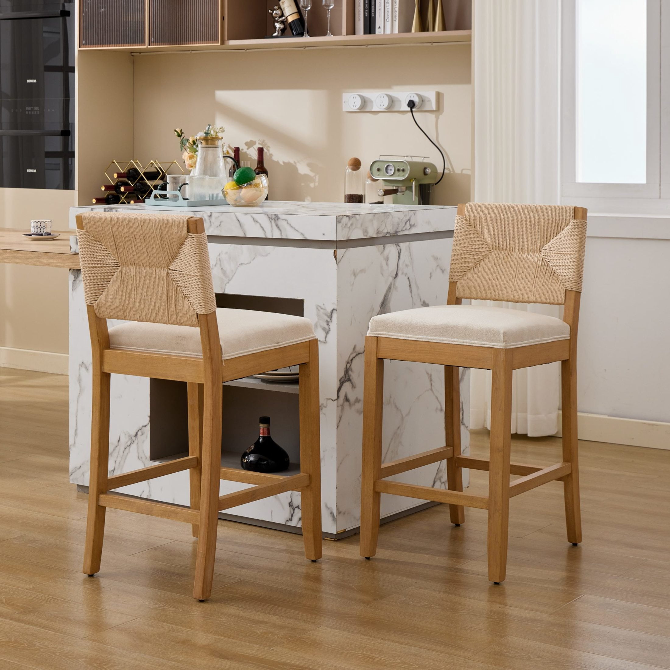 GDF Studio 38.6" Counter Height Bar Stools Set of 2 with Hand-Woven Rattan Back, Linen Upholstery, Beige