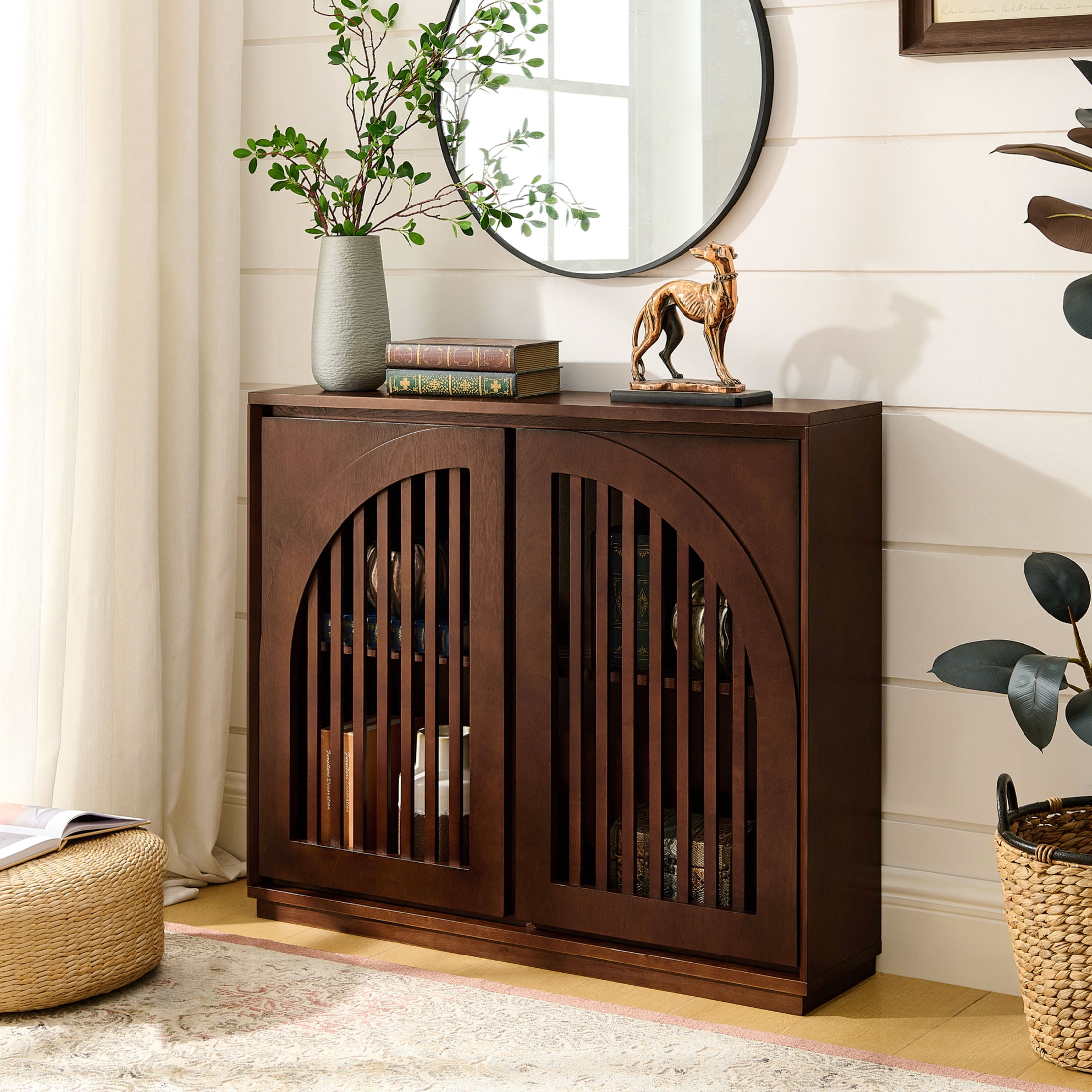 GDF Studio 39" Mid Century Modern Fluted Sideboard Cabinet with 2 Outlet Holes, Dark Walnut