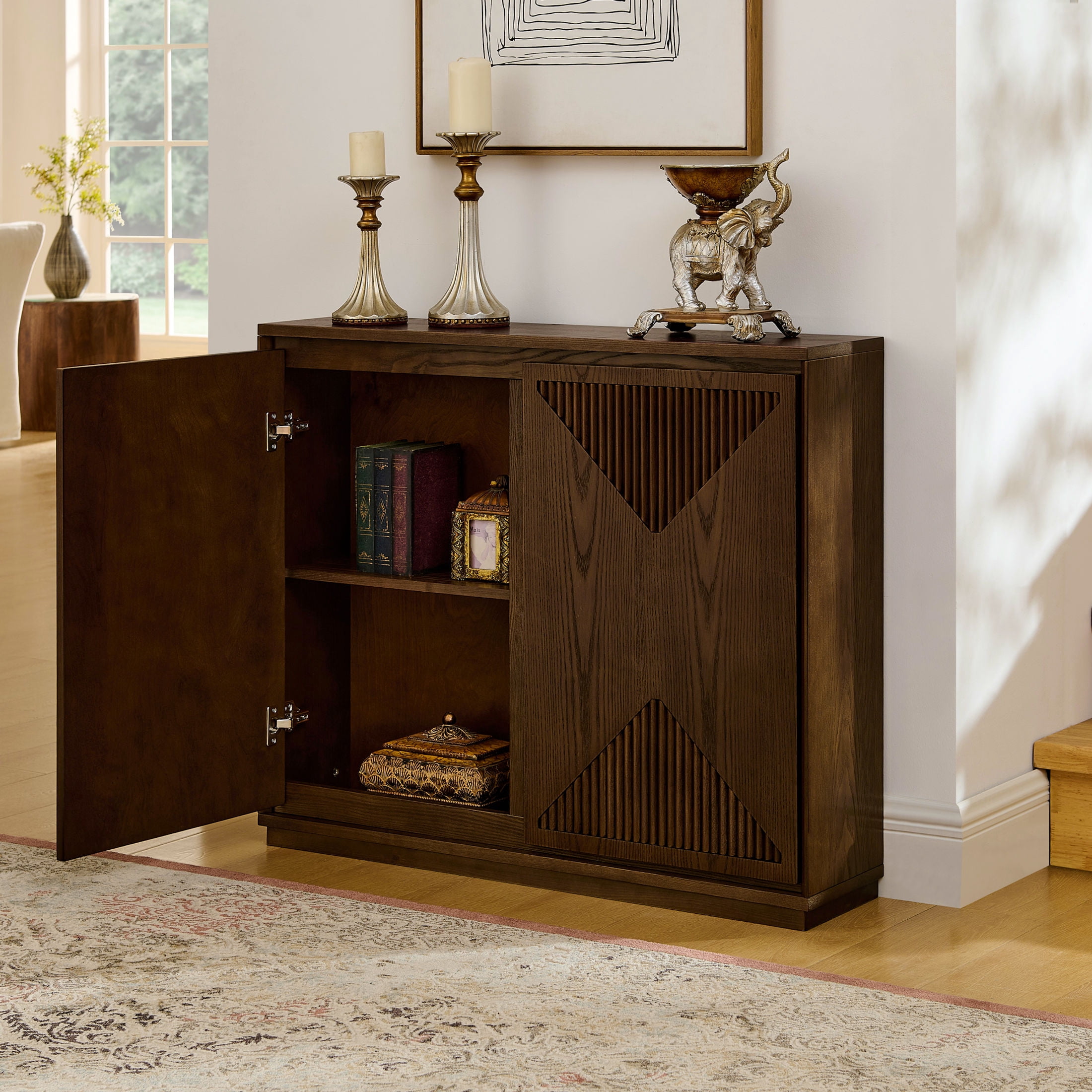 GDF Studio 39" Mid Century Modern V-Shaped Fluted Sideboard Cabinet with Outlet Holes, Brown