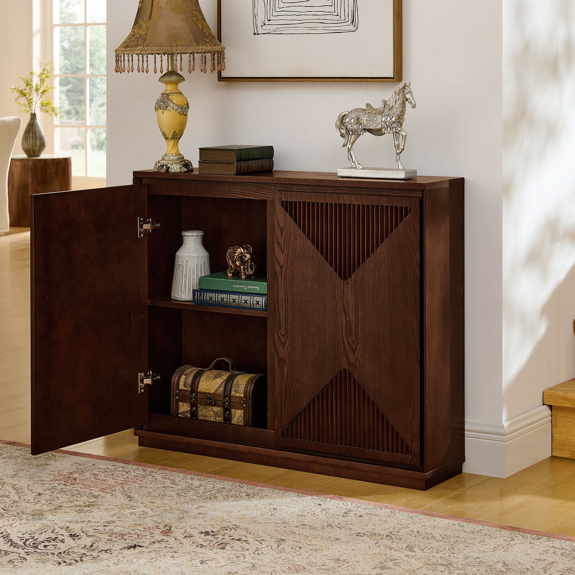 GDF Studio 39" Mid Century Modern V-Shaped Fluted Sideboard Cabinet with Outlet Holes, Dark Walnut