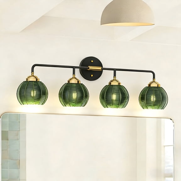 GDF Studio 4-Light Bathroom Vanity Wall Light with E26 Base, Glass Shade Fixture, Black + Green