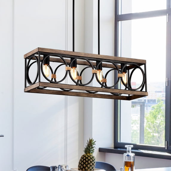 GDF Studio 4-Light Farmhouse Rectangle Ceiling Light, Chandelier with Adjustable Height, Matte Black